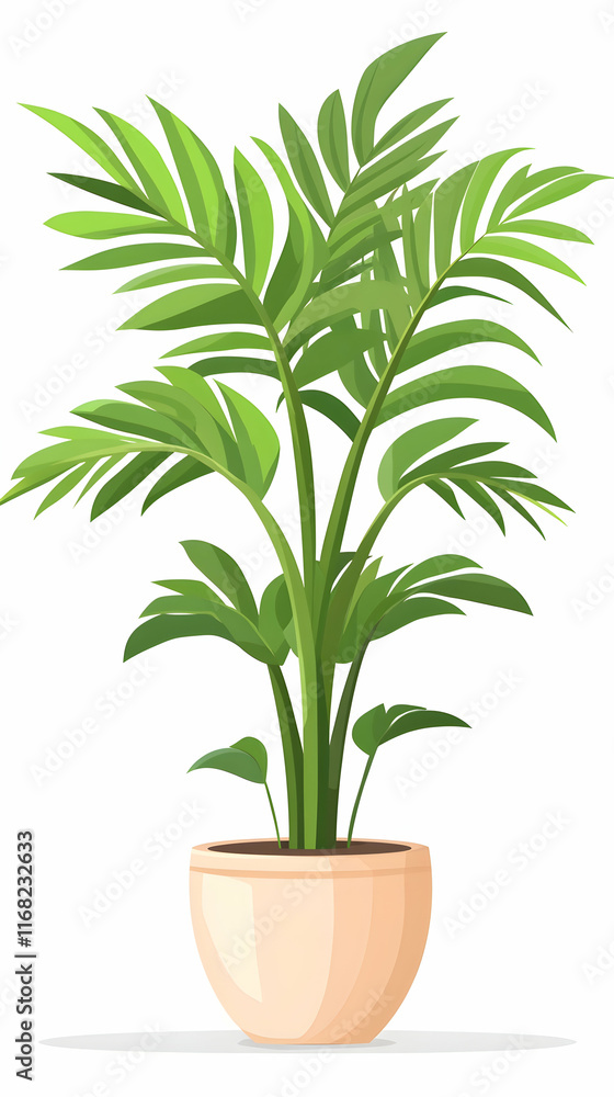 Fototapeta premium Indoor potted palm plant, lush green leaves, isolated white background, home decor.