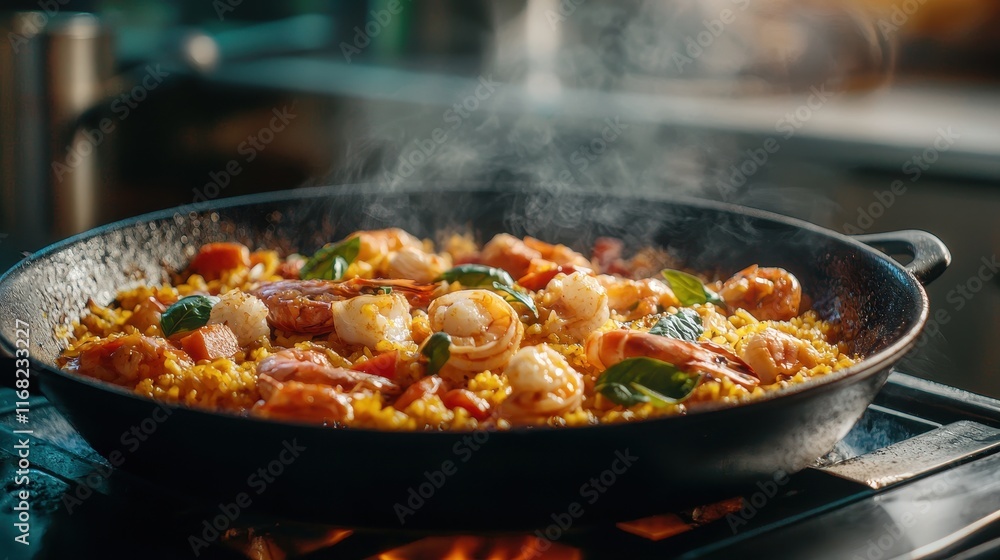 A delicious paella simmering in a pan, featuring shrimp, vibrant vegetables, and aromatic steam rising, showcasing a vibrant culinary dish. A delicious paella simmering in a pan, featuring shrimp, vibrant vegetables, and aromatic steam rising, showcasing a vibrant culinary dish.