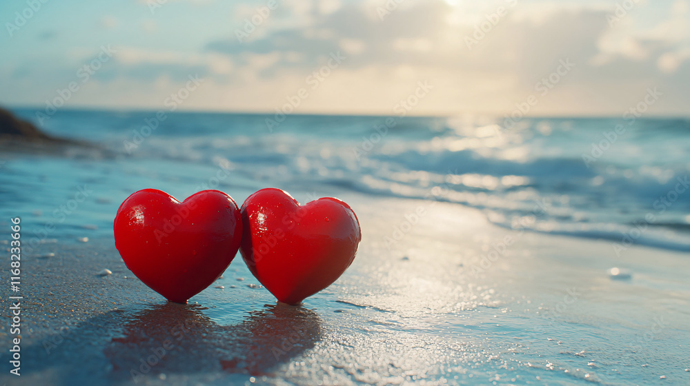 Fototapeta premium Two red hearts on the beach. Love. Two red hearts on the beach symbolizing love, Valentine s Day, Generative ai
