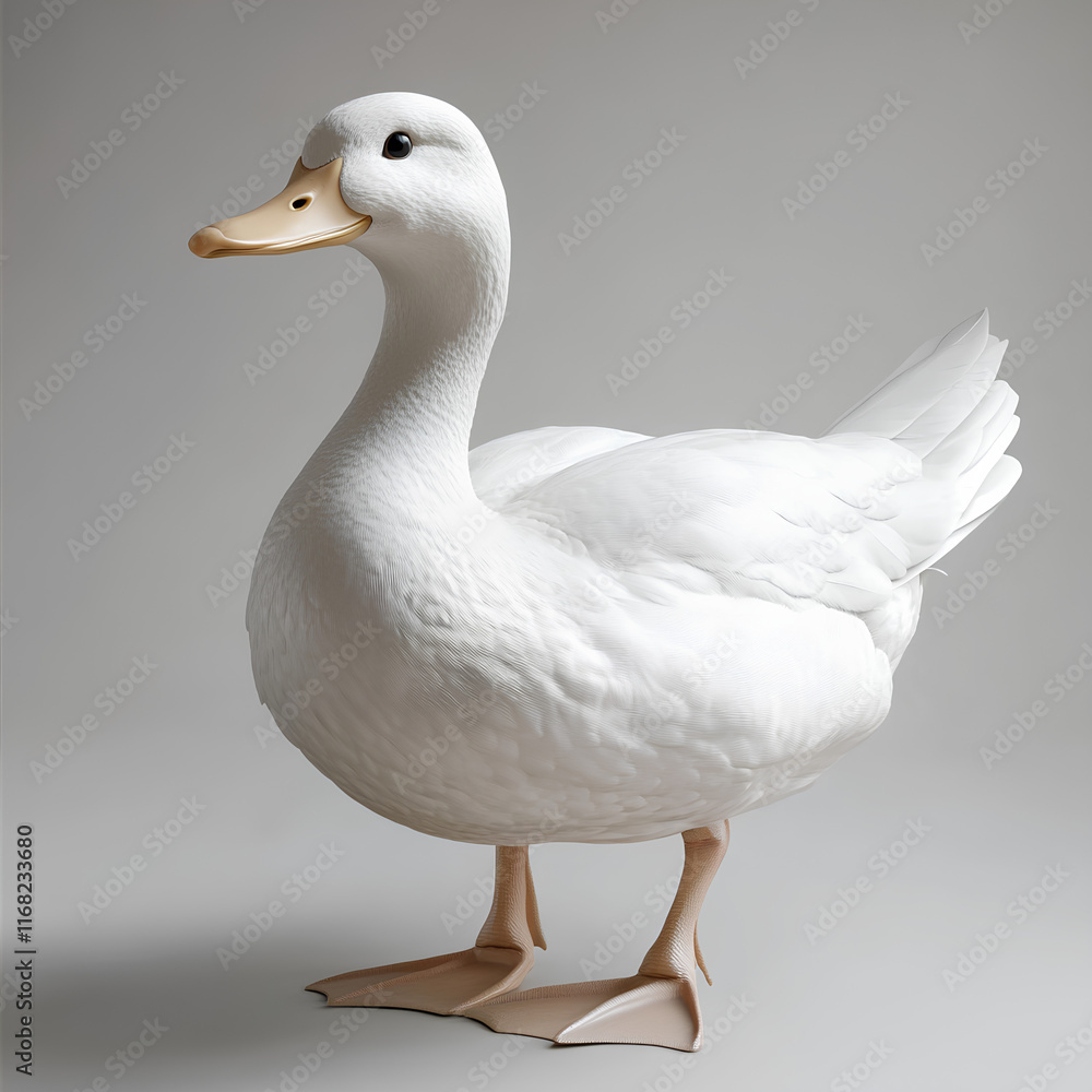 A realistic, detailed image of a white duck standing on a neutral background, showcasing its smooth feathers and natural posture A realistic, detailed image of a white duck standing on a neutral background, showcasing its smooth feathers and natural posture
