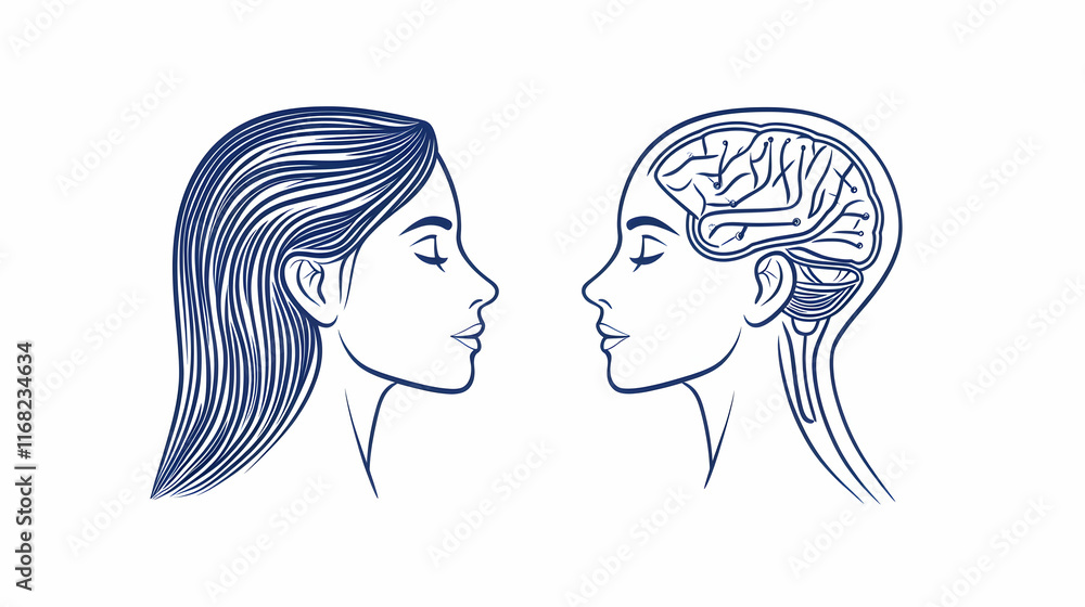 Woman's profile, brain anatomy, mind, health, psychology, illustration, mental health awareness.