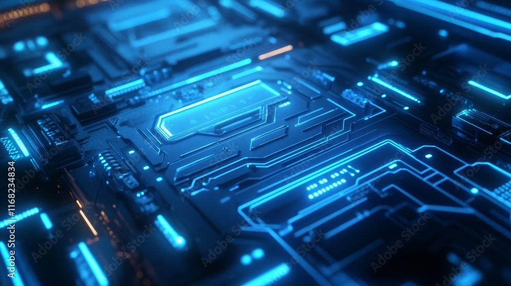 A close-up view of a futuristic circuit board with glowing blue lights. A close-up view of a futuristic circuit board with glowing blue lights.