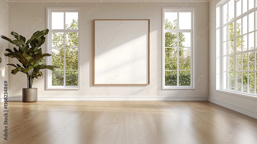 Modern Empty Room Interior Design with Large Windows and Blank Canvas Artwork Mockup Modern Empty Room Interior Design with Large Windows and Blank Canvas Artwork Mockup