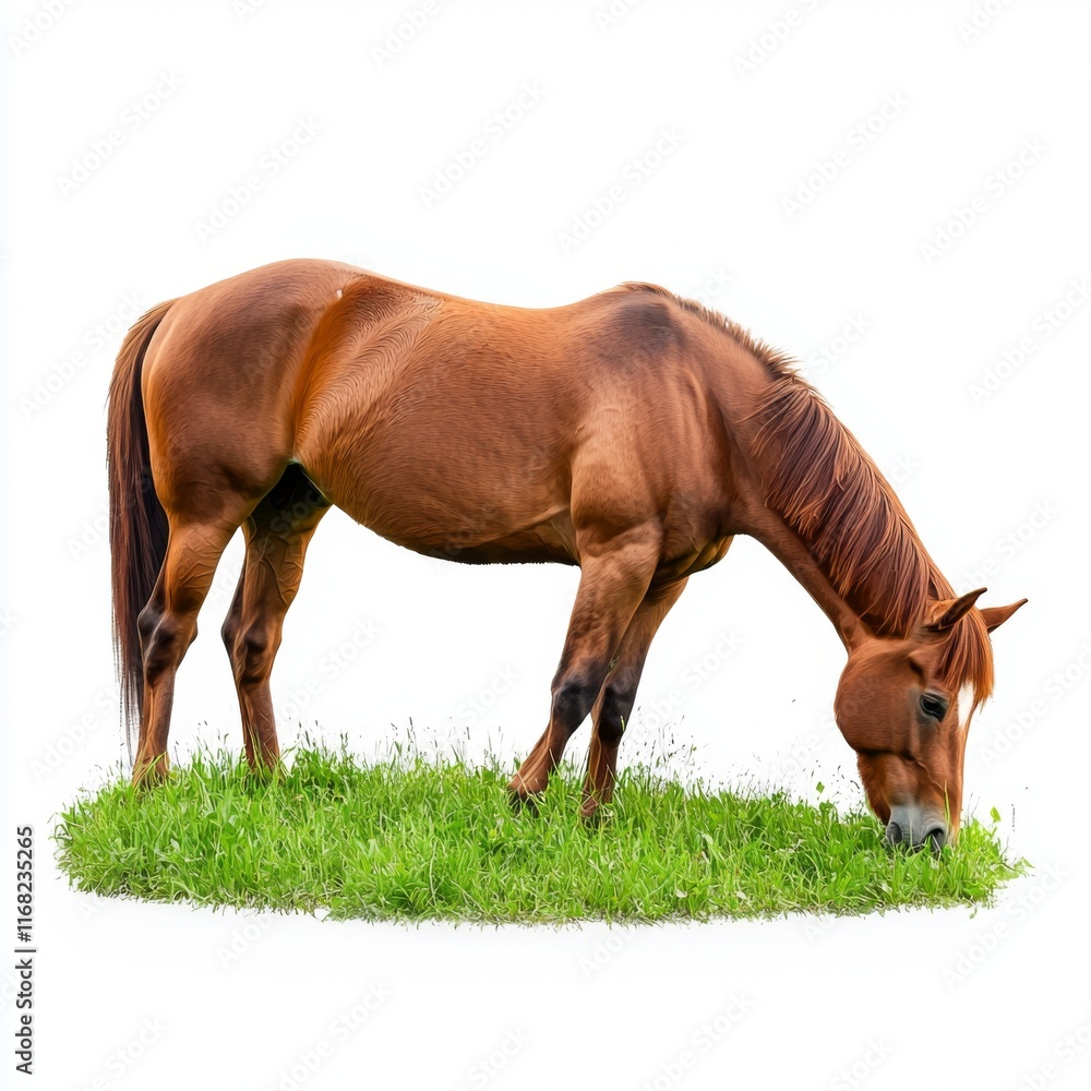 Obraz premium Brown Horse Grazing on Lush Green Grass in Bright Natural Environment with Clear White Background
