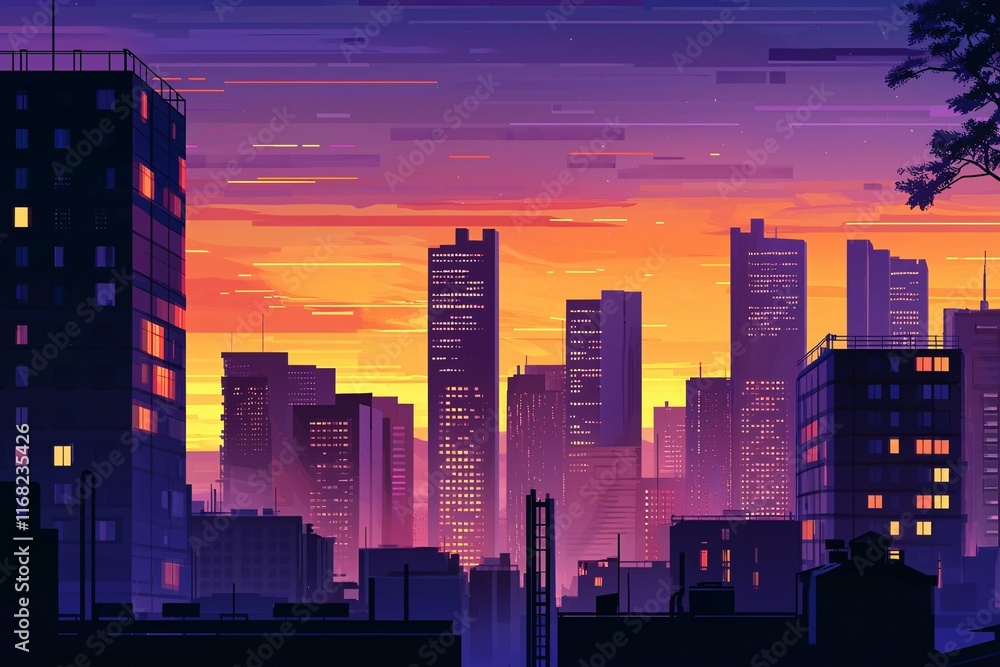 A mesmerizing dusk bathes the cityscape in an orange and purple glow, highlighting the silhouettes of towering buildings and the essence of urban life at twilight. A mesmerizing dusk bathes the cityscape in an orange and purple glow, highlighting the silhouettes of towering buildings and the essence of urban life at twilight.