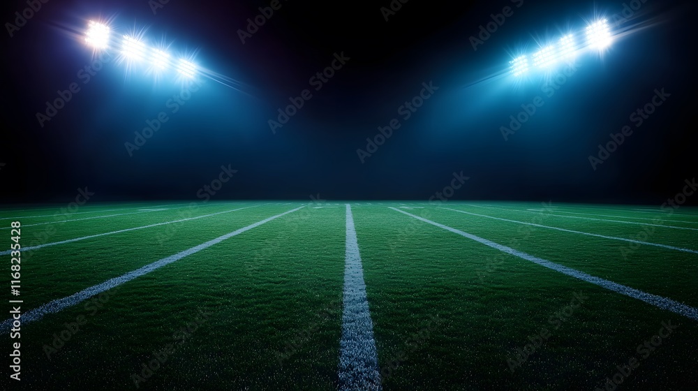 Naklejka premium Football field illuminated by stadium lights with copy space on dark background