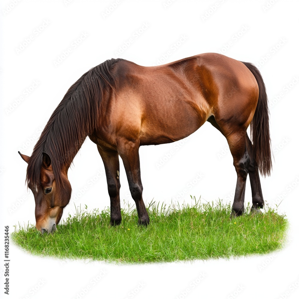 Brown horse grazing on lush green grass in bright natural setting under clear blue sky, showcasing peaceful countryside life Brown horse grazing on lush green grass in bright natural setting under clear blue sky, showcasing peaceful countryside life