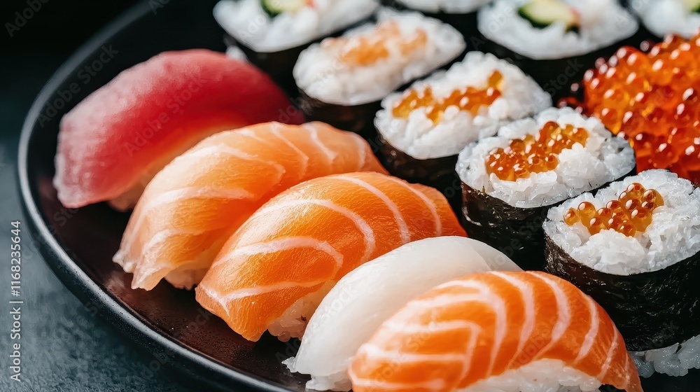 A delicious assortment of sushi including sashimi and rolls, showcasing vibrant colors and fresh ingredients on a black plate. A delicious assortment of sushi including sashimi and rolls, showcasing vibrant colors and fresh ingredients on a black plate.