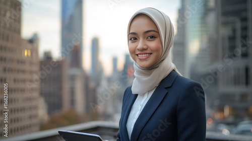 Malay business woman in suit smiling holding tablet at city with skyscrapers