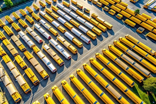 Aerial View of Organized School Bus Parking Lot - Rows of Yellow Buses photo