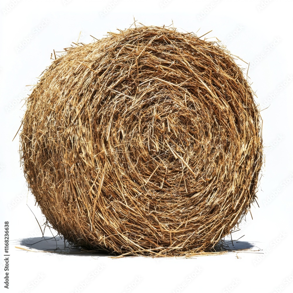 Round hay bale isolated on a white background showcasing agricultural simplicity and natural texture Round hay bale isolated on a white background showcasing agricultural simplicity and natural texture