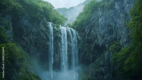 Majestic Waterfall Cascading Through Lush Green Mountain Cliffs