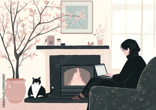 Flat Illustration of a Person Sitting in Front of the Fireplace

 photo