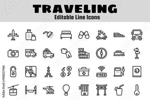 Traveling outline icon set