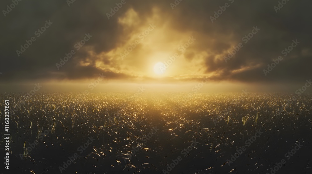 Naklejka premium Golden Sunset Over Foggy Field Of Tall Grass