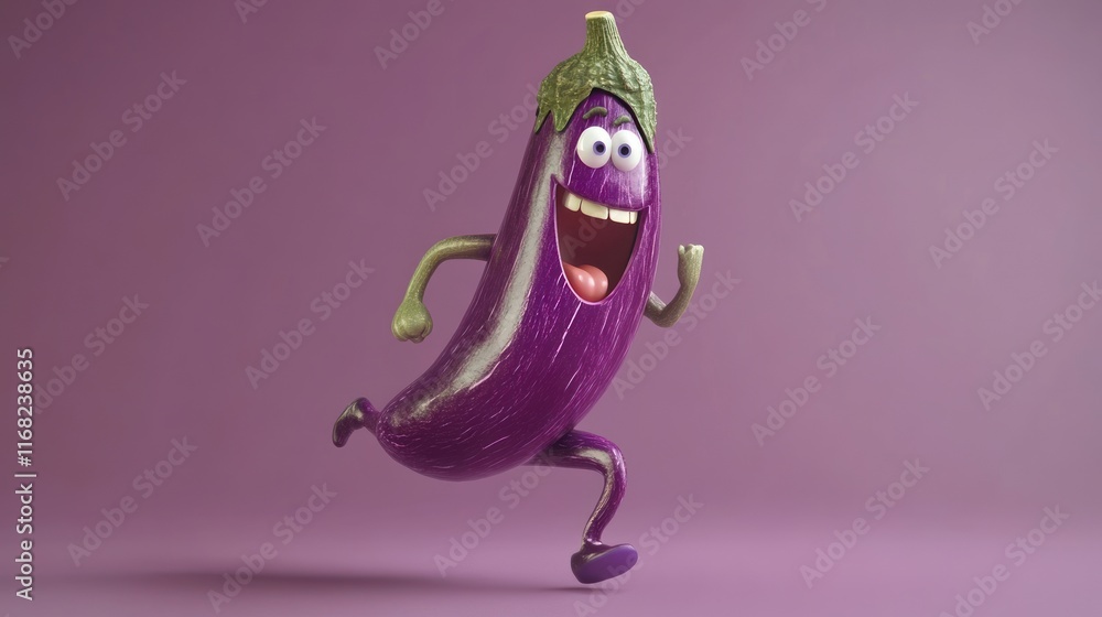 A cheerful, cartoon eggplant runs joyfully across a purple background. A cheerful, cartoon eggplant runs joyfully across a purple background.