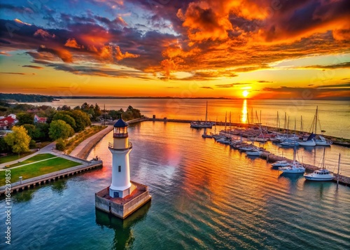 Aerial View of Port Washington Harbor Lighthouse at Sunset - Wisconsin Coastal Landmark photo