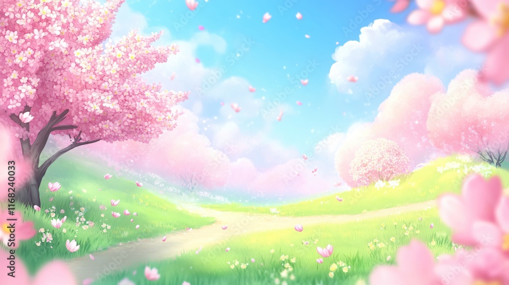 Serene Spring Landscape with Cherry Blossoms and Gentle Pastel Colors Serene Spring Landscape with Cherry Blossoms and Gentle Pastel Colors