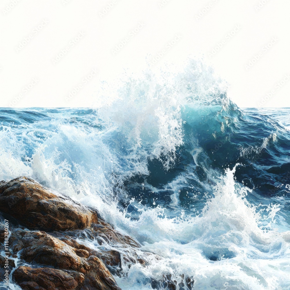 Powerful Ocean Waves Crashing Against Rocky Shoreline with Splashes of Water and Vibrant Blue Sea Background Powerful Ocean Waves Crashing Against Rocky Shoreline with Splashes of Water and Vibrant Blue Sea Background
