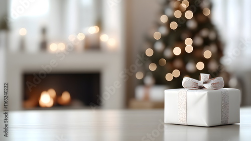 Christmas background with stack of gifts for new year. Festive white scandinavian interior with fireplace and decorated fir tree and candles. Cozy living room decorated with lights