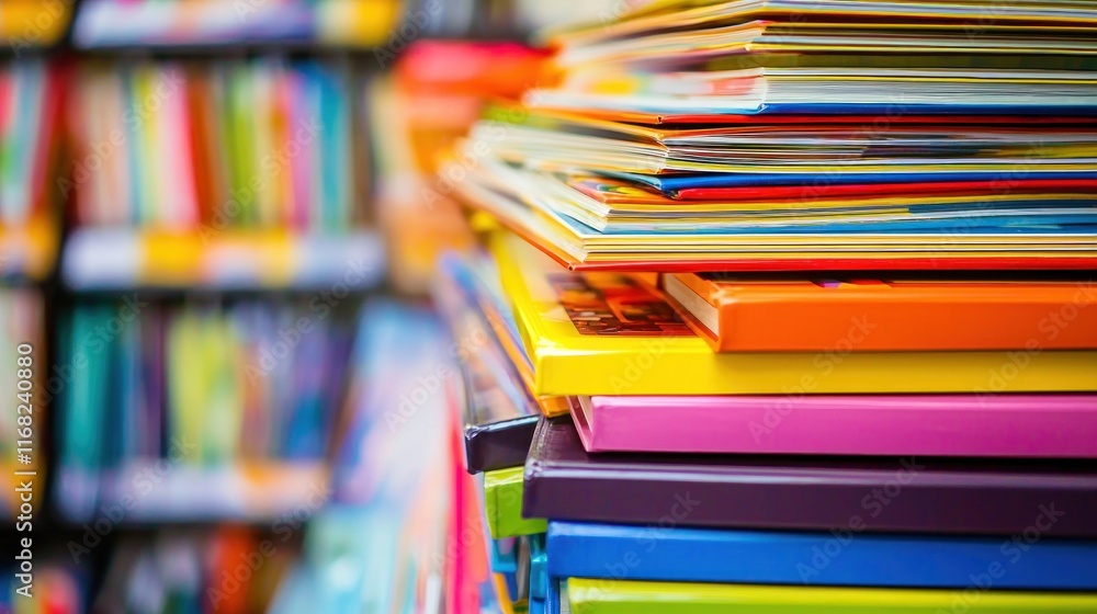 A colorful stack of books and magazines in a library setting. A colorful stack of books and magazines in a library setting.