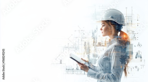 Female engineer in white hard hat holding pencil construction site professional portrait urban environment side view empowerment in engineering