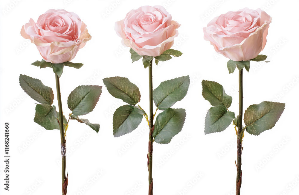 Obraz premium Three pastel pink roses delicately arranged on a white background showcase soft, romantic petals, ideal for floral-themed designs or special occasion cards.