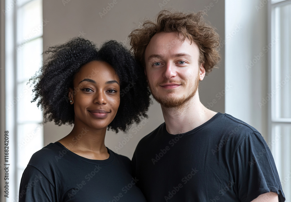 A smiling multiethnic couple poses warmly by a window, capturing connection and lifestyle harmony. A smiling multiethnic couple poses warmly by a window, capturing connection and lifestyle harmony.
