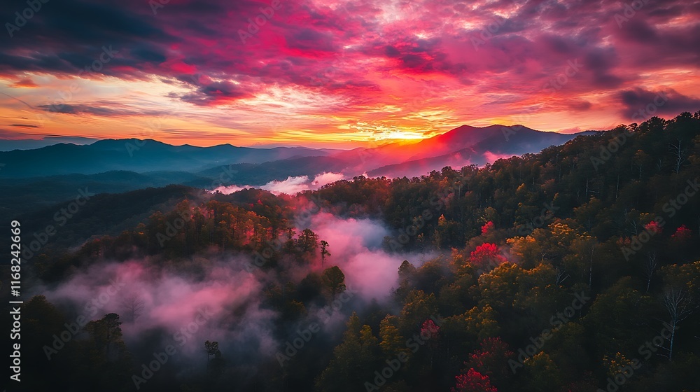 Obraz premium Aerial sunset view of Blue Ridge Mountains with clouds floating at eye level 