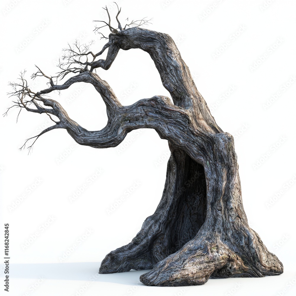 Fototapeta premium Ancient twisted tree with dry branches showcasing intricate bark textures and hollow trunk in creative studio lighting