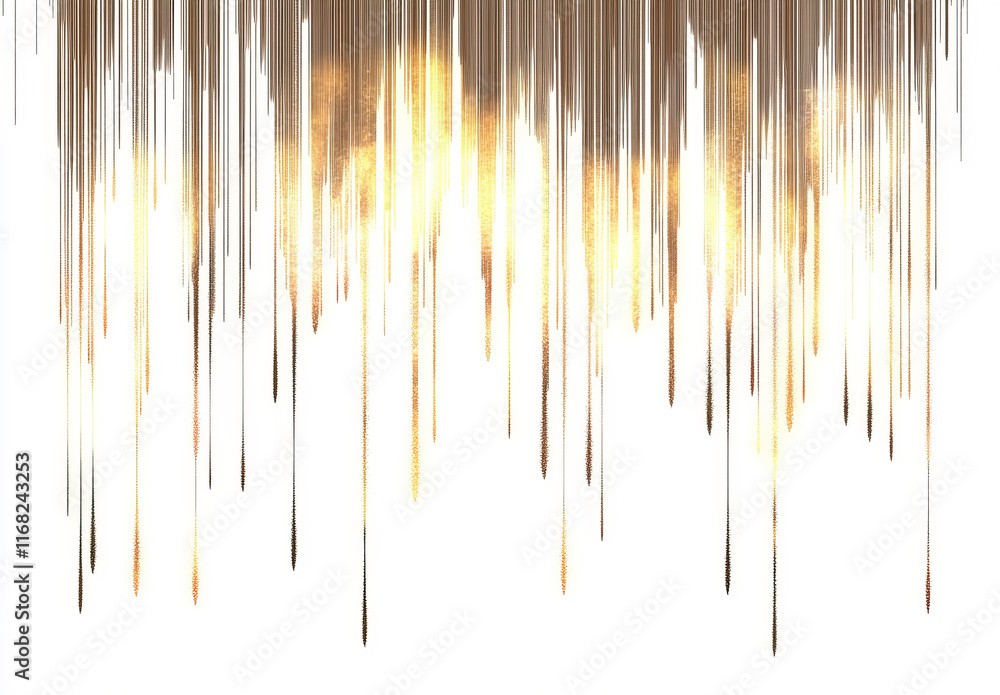 A vertical row of golden glitter rain on a white background creates a celebratory, minimalist design, perfect for luxury events or festive projects. A vertical row of golden glitter rain on a white background creates a celebratory, minimalist design, perfect for luxury events or festive projects.