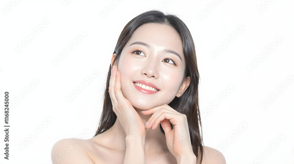 Radiant Asian Beauty: Young Woman with Perfect Glass Skin, Skincare Model Smiling, Natural Makeup and Healthy Glow, Facial Beauty and Skincare Concept on a White Background Radiant Asian Beauty: Young Woman with Perfect Glass Skin, Skincare Model Smiling, Natural Makeup and Healthy Glow, Facial Beauty and Skincare Concept on a White Background