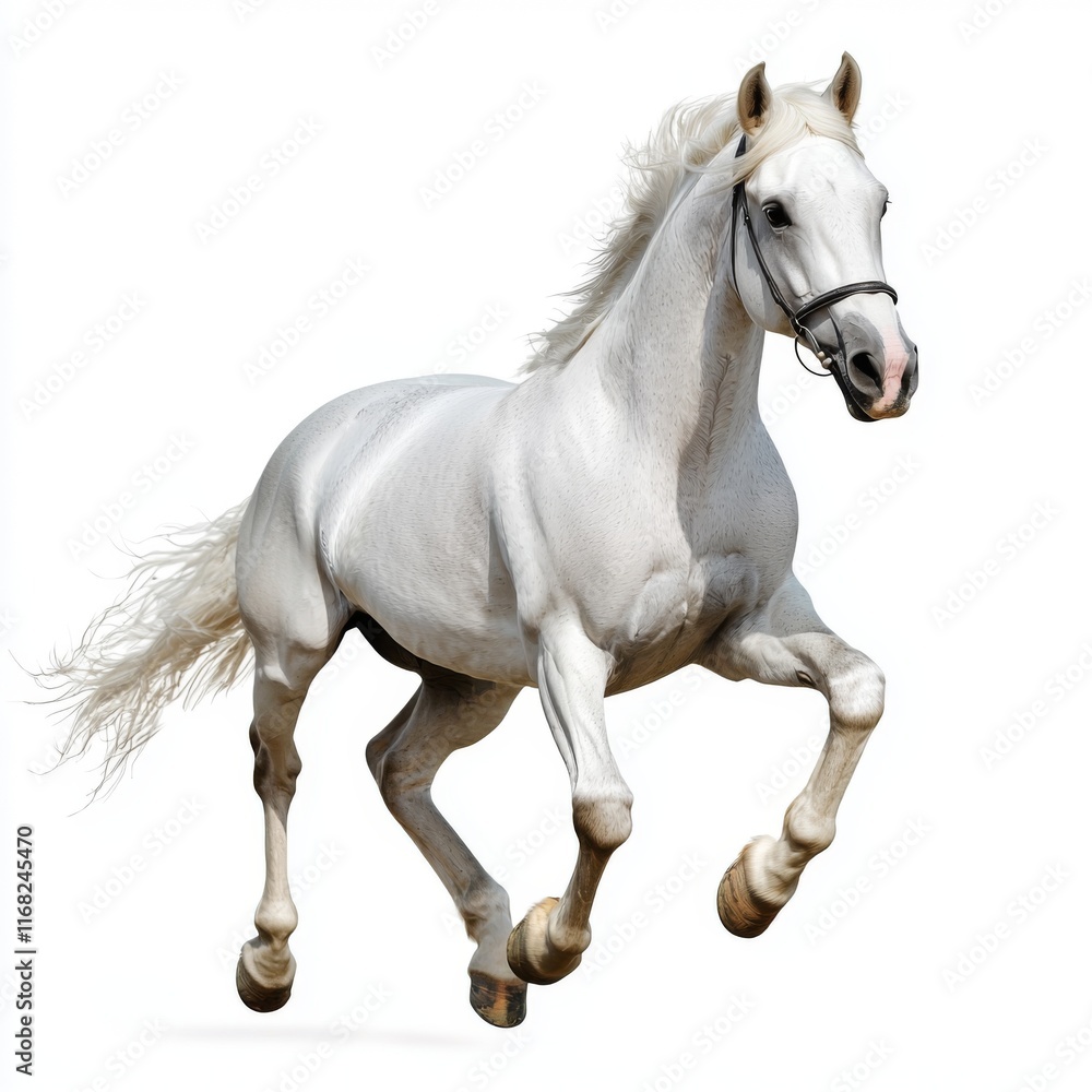 Obraz premium Dynamic White Horse Running Gracefully on White Background in Full Motion