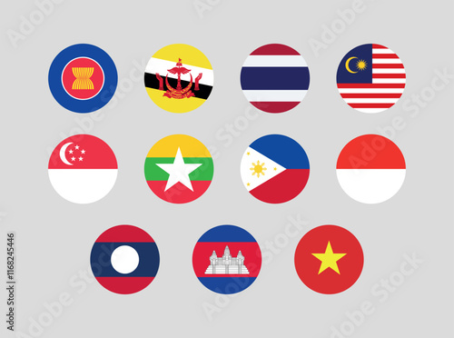 
Flag of All ASEAN member countries. ASEAN countries round flag Bundle.
