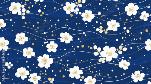 和柄-梅と波-青