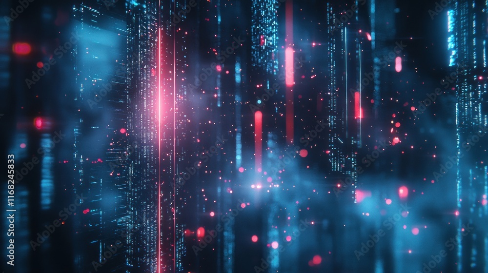 Obraz premium Abstract Digital Stream: Neon Blue and Red Data Flow