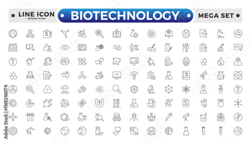 Set of outline icons related to biotechnology, biochemistry, farming, science. Lab and science line icon set. Laboratory equipment icons. Flask, microscope, syringe. Editable stroke outline icon.