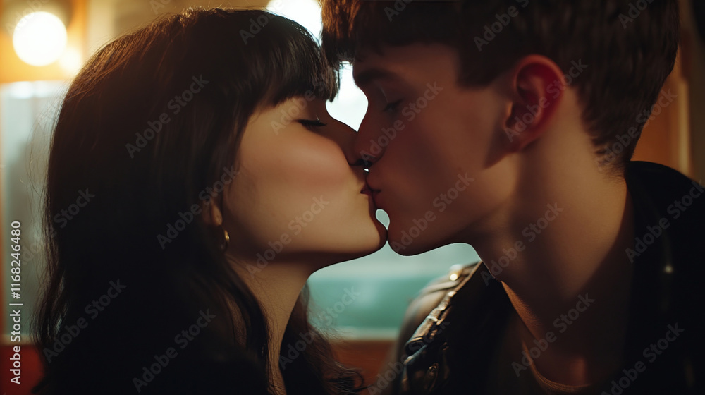 A close-up of a tender kiss shared by a couple, with soft lighting and a romantic atmosphere enhancing the emotional connection of the moment. A close-up of a tender kiss shared by a couple, with soft lighting and a romantic atmosphere enhancing the emotional connection of the moment.