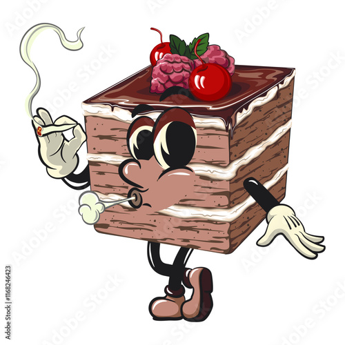 black forest cake cute cartoon isolated vector illustration character mascot smoke calmly, work of hand drawn