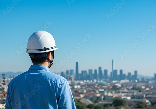 作業着 - 男性  - 建築 - ヘルメット - 青空 - 都市