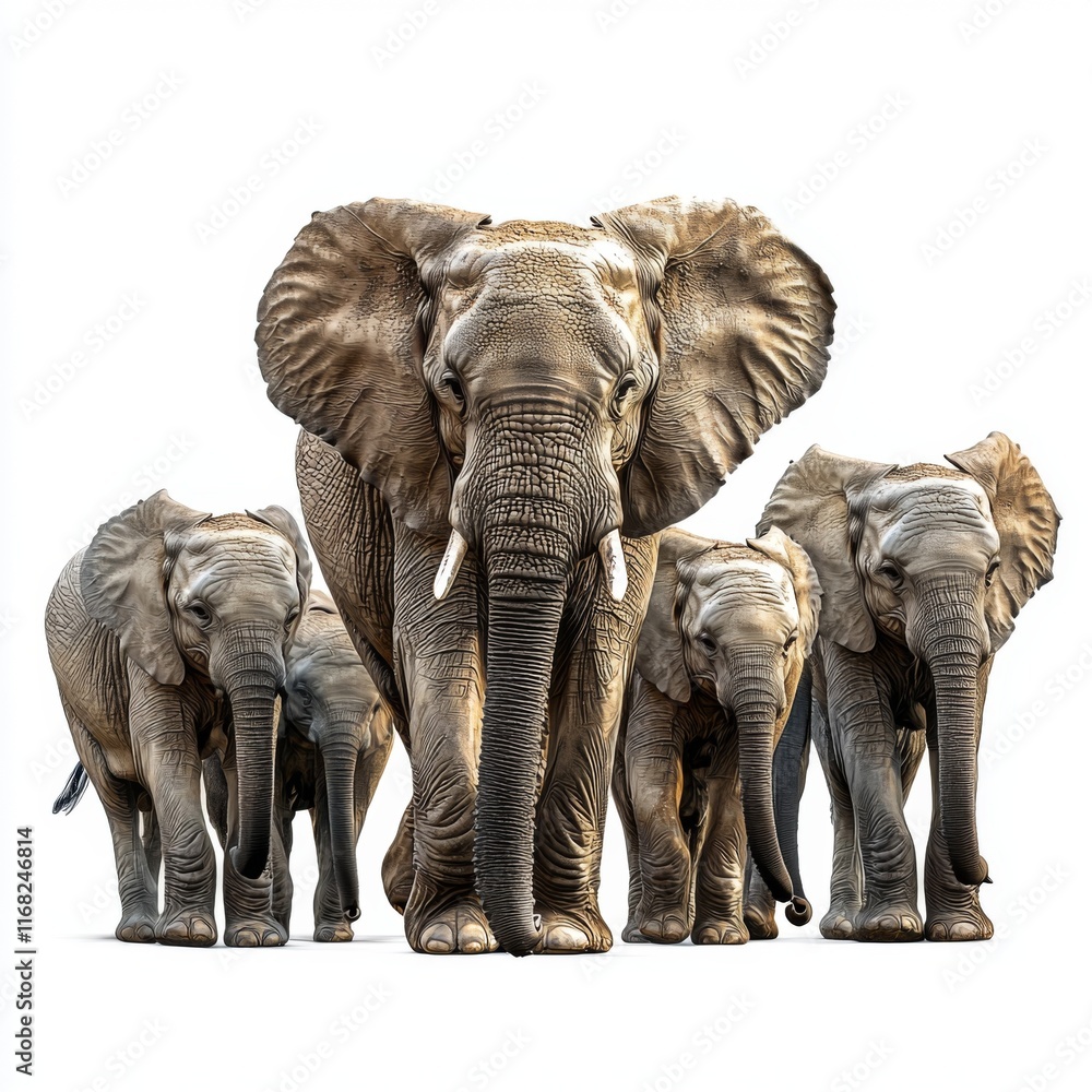 Fototapeta premium Majestic Family of Elephants Walking Together in Perfect Formation Against a Clean White Background