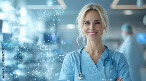 Empowering healthcare a smiling female doctor in scrubs hospital setting digital overlay bright environment confident viewpoint innovation in medicine