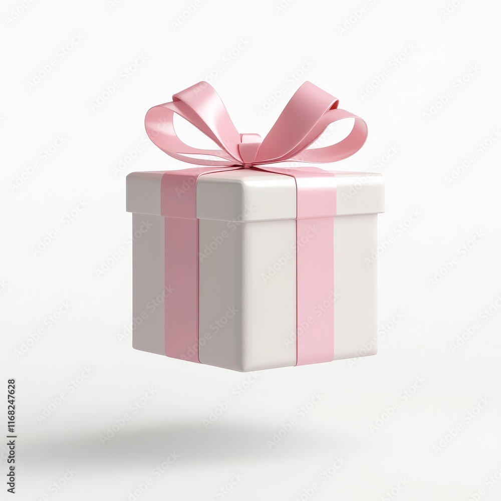 Obraz premium Elegant White Gift Box with Pink Ribbon and Bow Floating in Air
