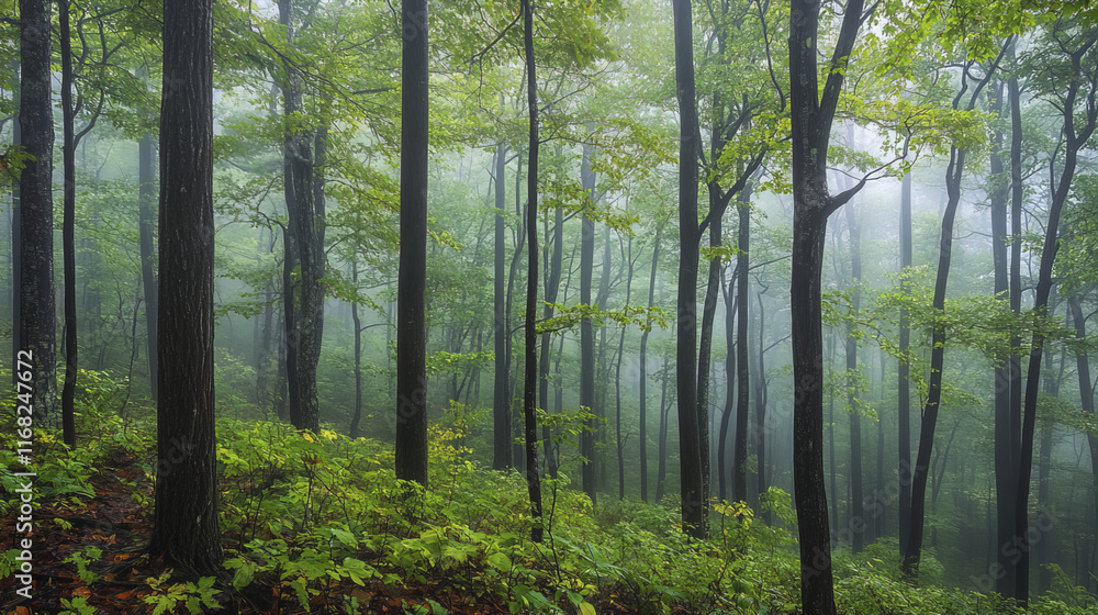 Obraz premium serene forest shrouded in mist, showcasing lush green foliage and tall trees