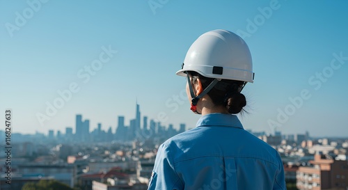 作業着 - 女性  - 建築 - ヘルメット - 青空 - 都市
