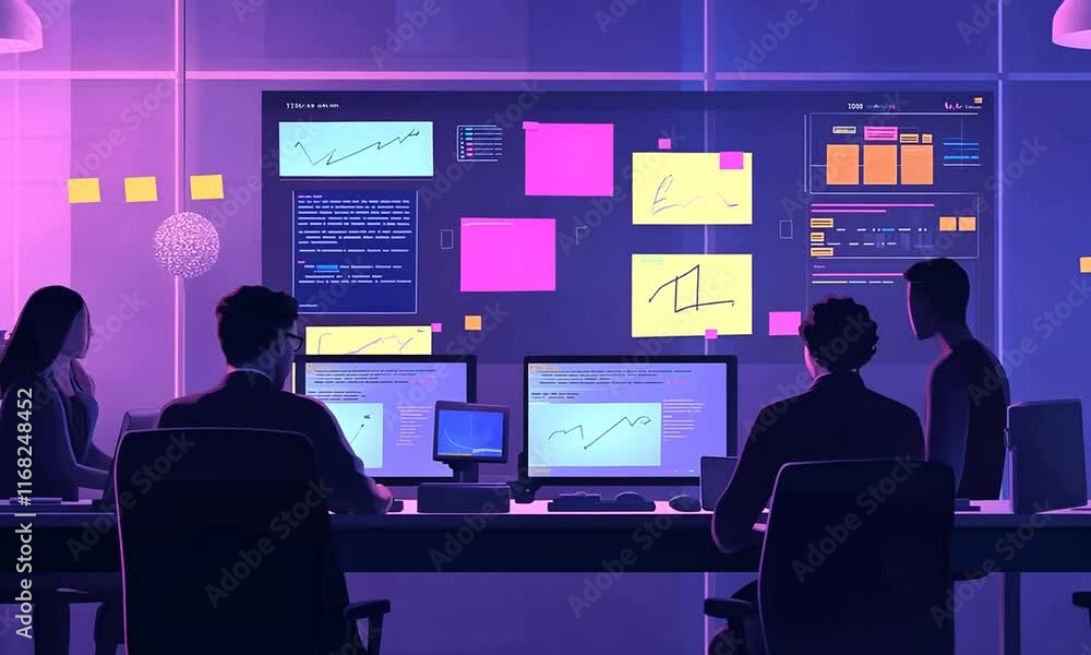 Two individuals analyze data on multiple screens in a modern workspace with colorful notes. Two individuals analyze data on multiple screens in a modern workspace with colorful notes.