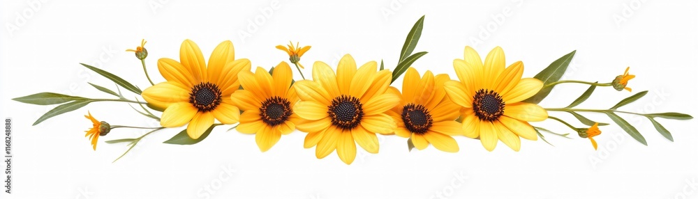 Obraz premium Yellow Daisies Aligned with Drifting Petals on White Background
