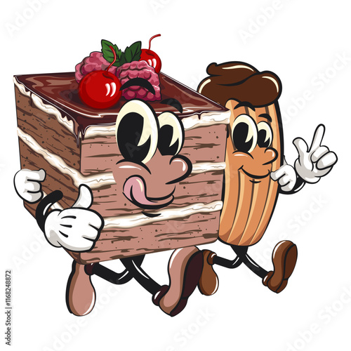 black forest cake cute cartoon isolated vector illustration character mascot walk with a churros character while giving a thumbs up sign, work of hand drawn