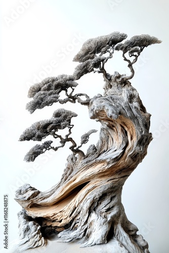 Sculptural bonsai tree with textured, swirling wood and delicate foliage.