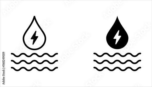 Hydropower icon set, water drop with thunderbolt lightning icon, electric vehicle, environment, nature symbol on white background